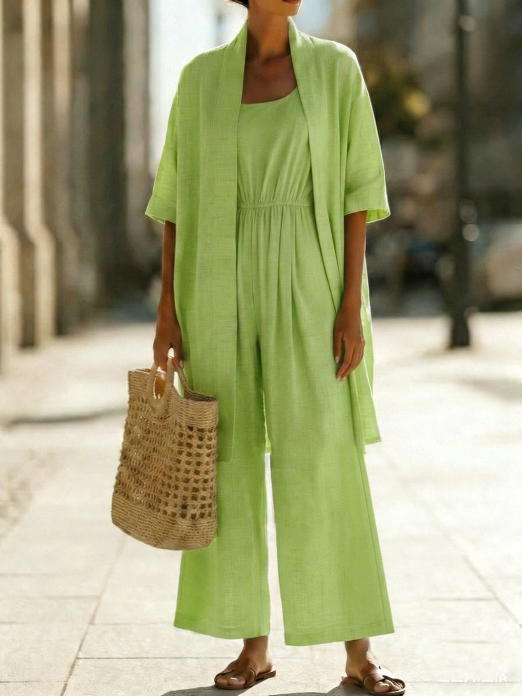 Minimalist Cozy Jumpsuit And Cardigan Linen Cotton Two-piece Set