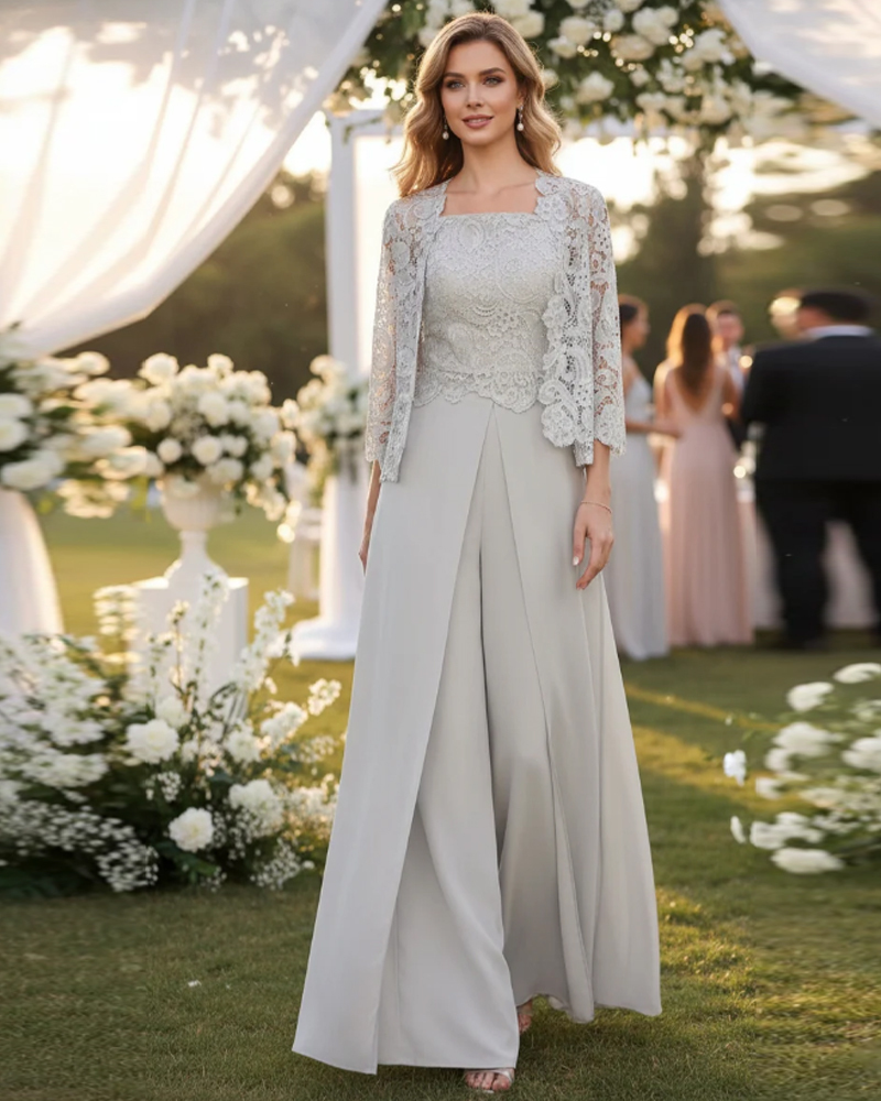 Chiffon Square Neck Floor-Length Mother of the Bride Pantsuits with Jacket & Split Side