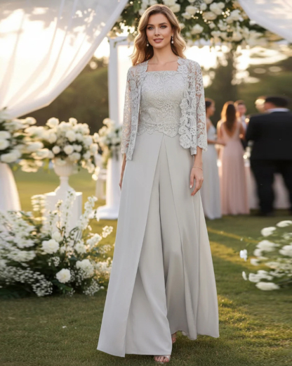 Chiffon Square Neck Floor-Length Mother of the Bride Pantsuits with Jacket & Split Side