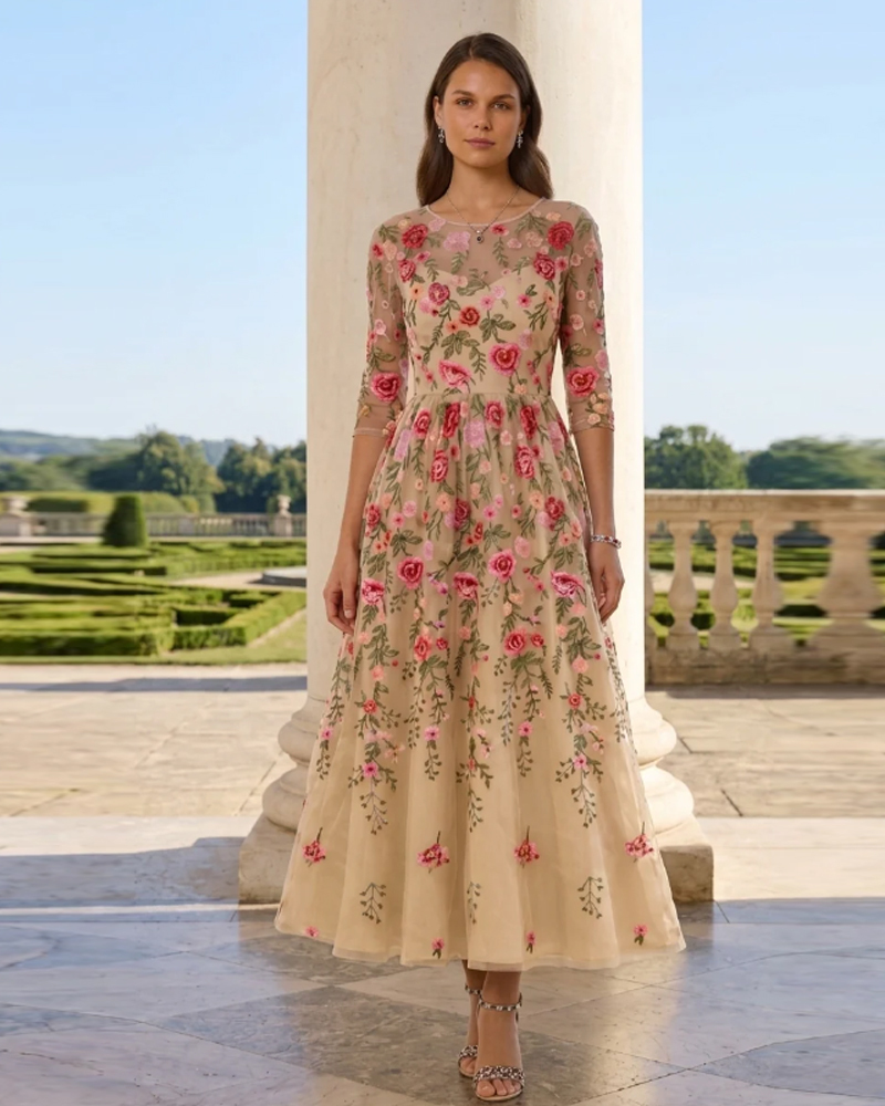 A-Line/Princess Scoop Lace Embroidery Dresses 3/4 Sleeves Floral Tea-Length