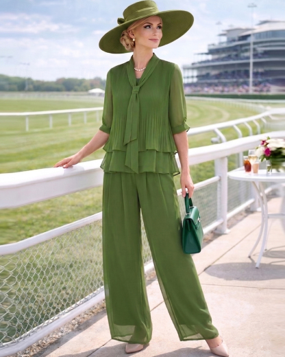 Rich Olive Green Pleated Layered Pant Set