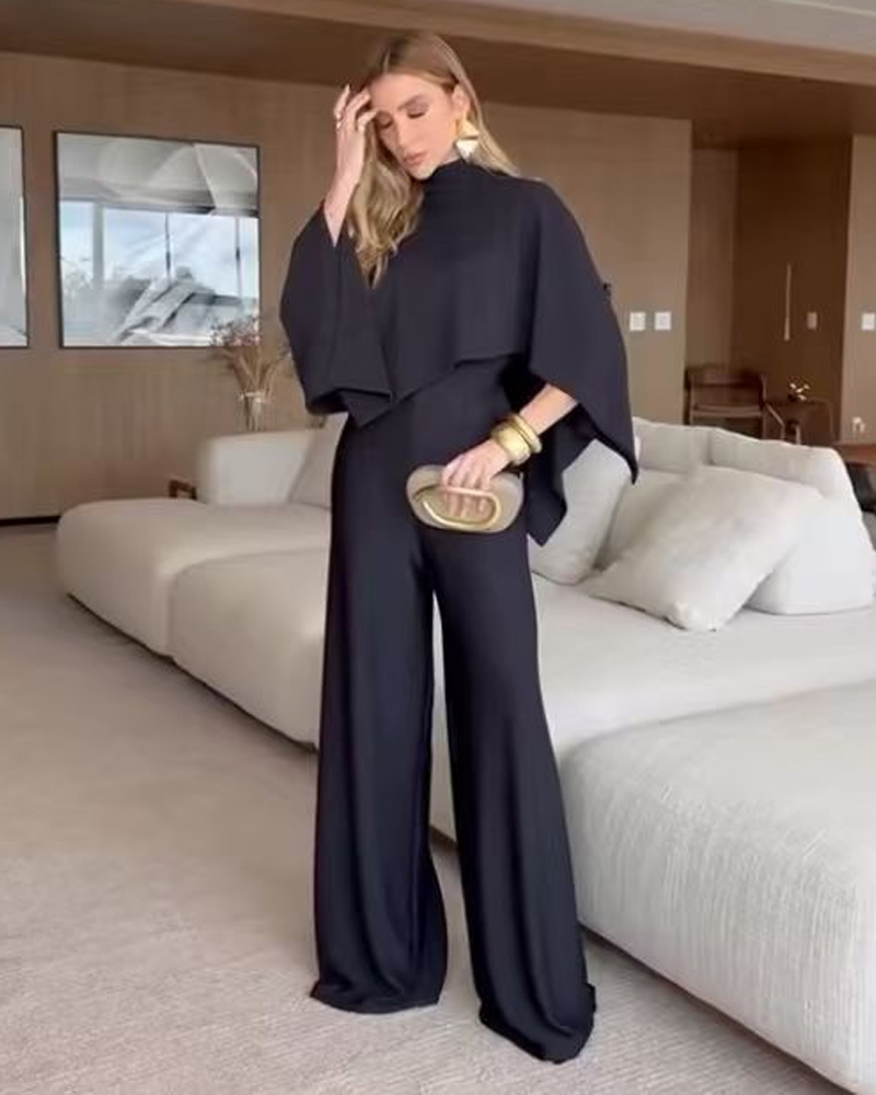 Black Cape Sleeve High Neck Oversized Wide Leg Jumpsuit