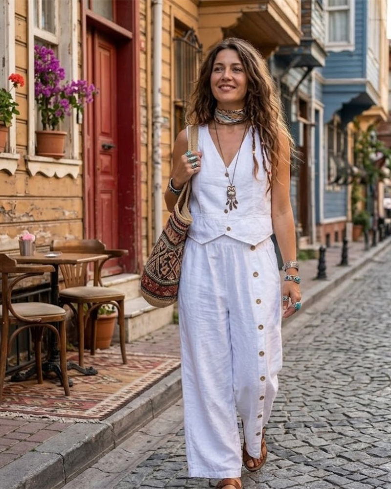 Women's White Linen Look Jumpsuit - V Neck Sleeveless Maxi Dress with High Waist