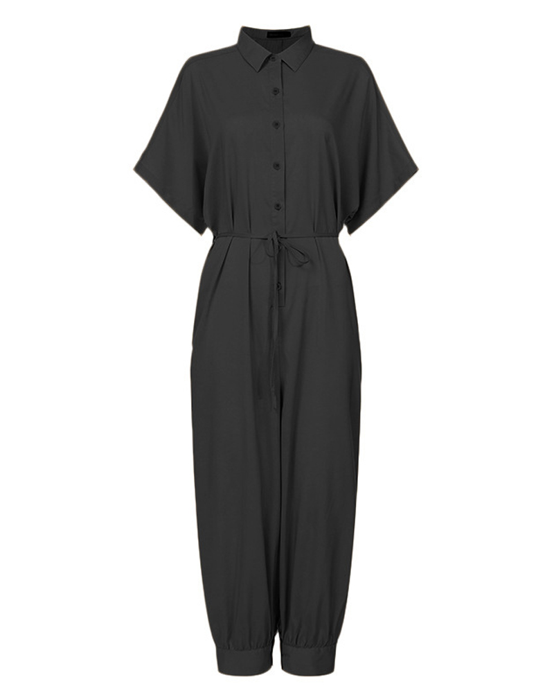 Lapel solid color button jumpsuit