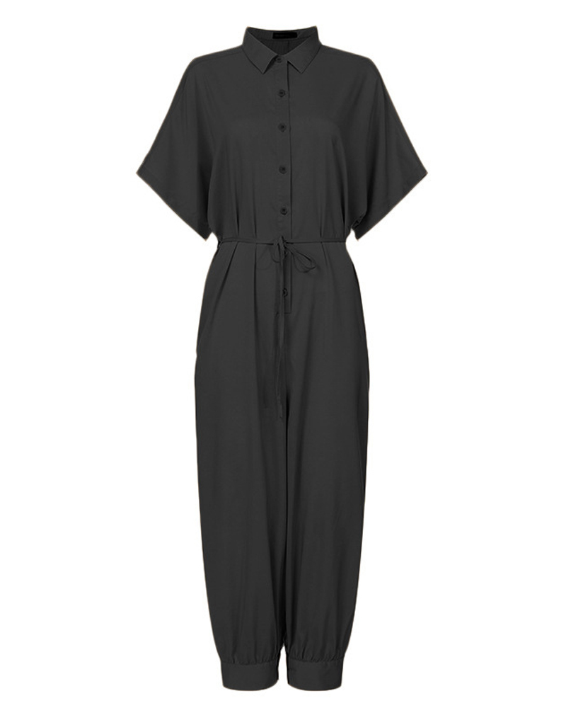 Lapel solid color button jumpsuit