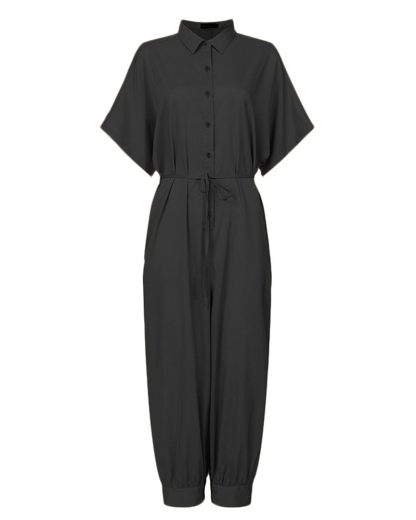 Lapel solid color button jumpsuit