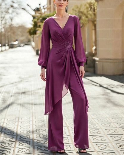 Purple Chiffon Jumpsuit with Lantern Sleeves
