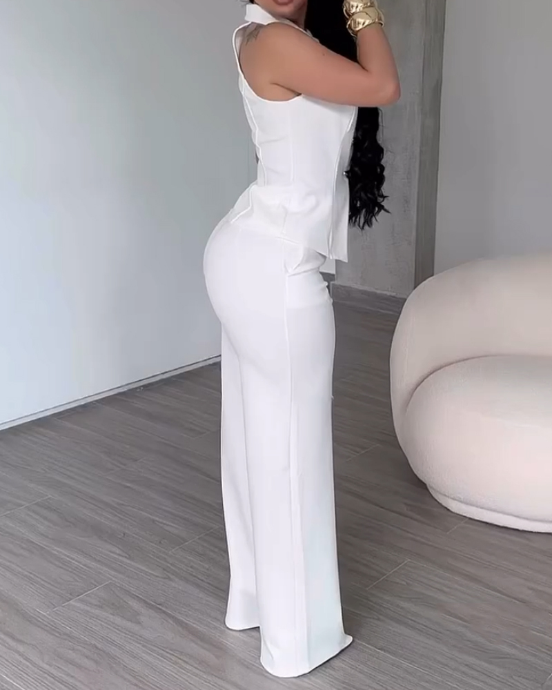 Collarless Sleeveless Solid Color Two Piece Set