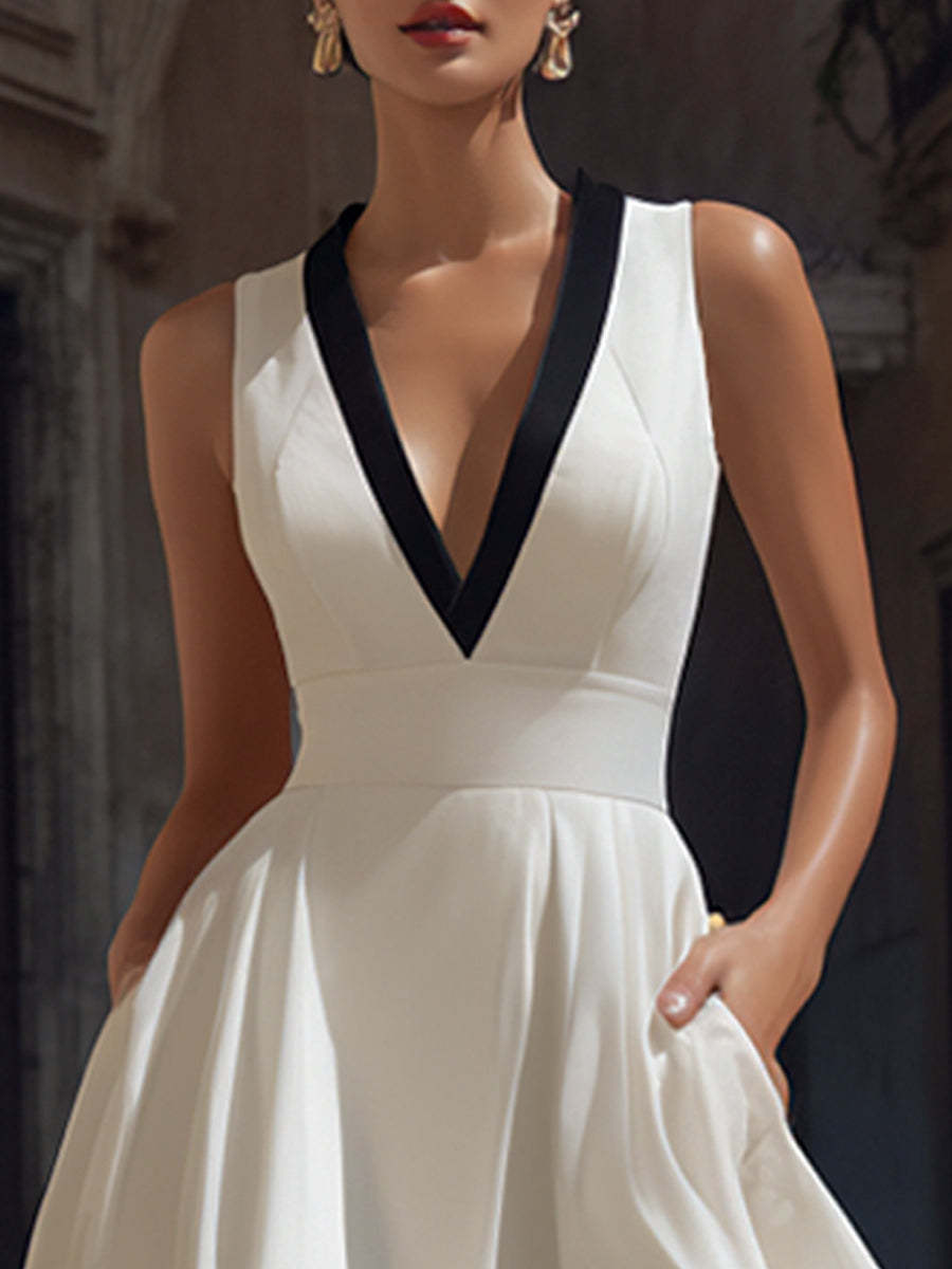 Elegant V-Neck A-Line Midi Dress With Contrast Trim And Pockets