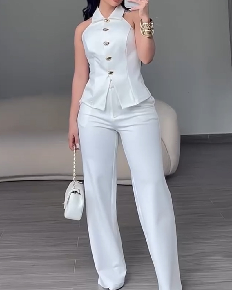 Collarless Sleeveless Solid Color Two Piece Set