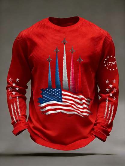 Men's 250th Anniversary US Flag Airplane Flyover Long-Sleeve Textured T-Shirt-pufftee
