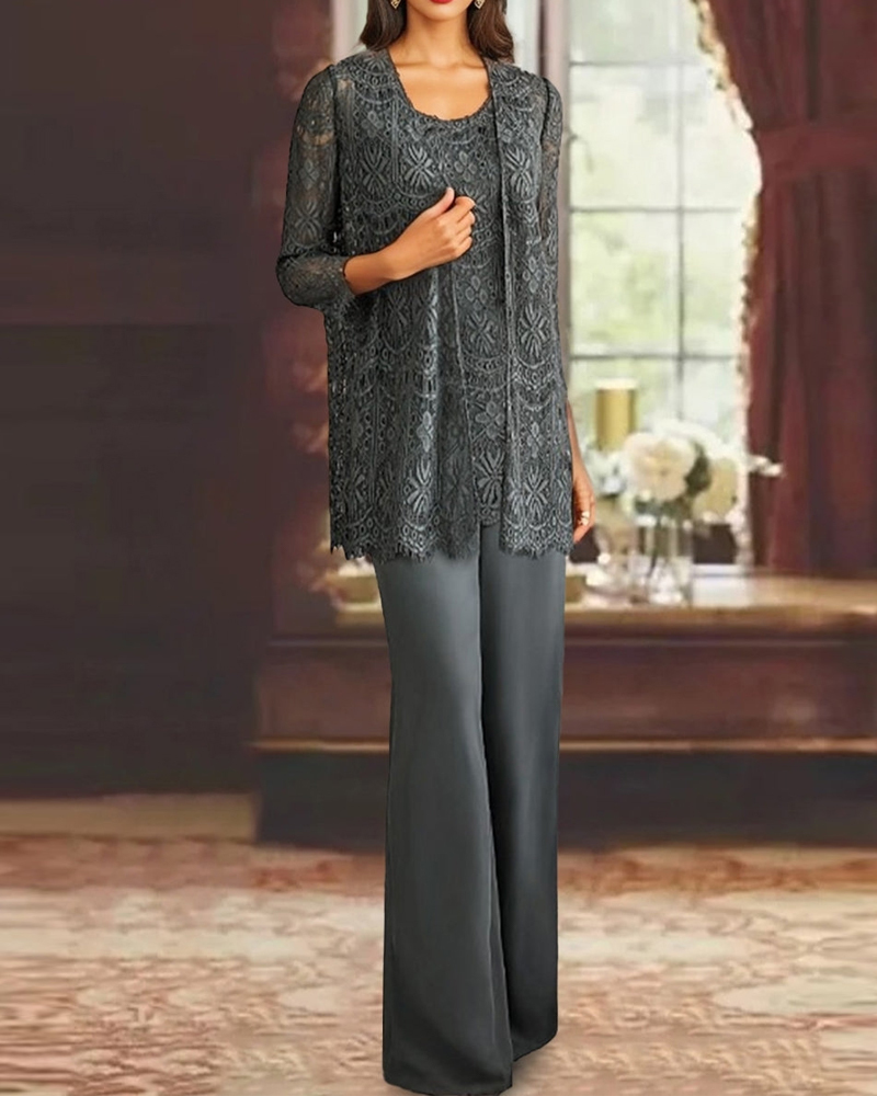 Chiffon Lace Scoop Ankle-Length Pantsuits with Jacket