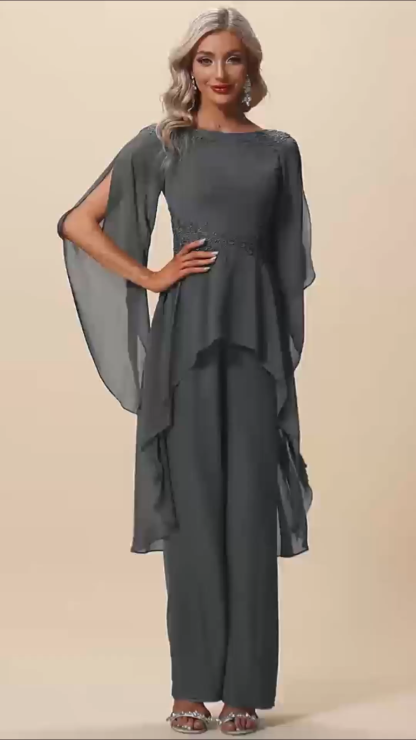 Grey Lace Embellished Chiffon Overlay Mother of the Bride Pant Suit
