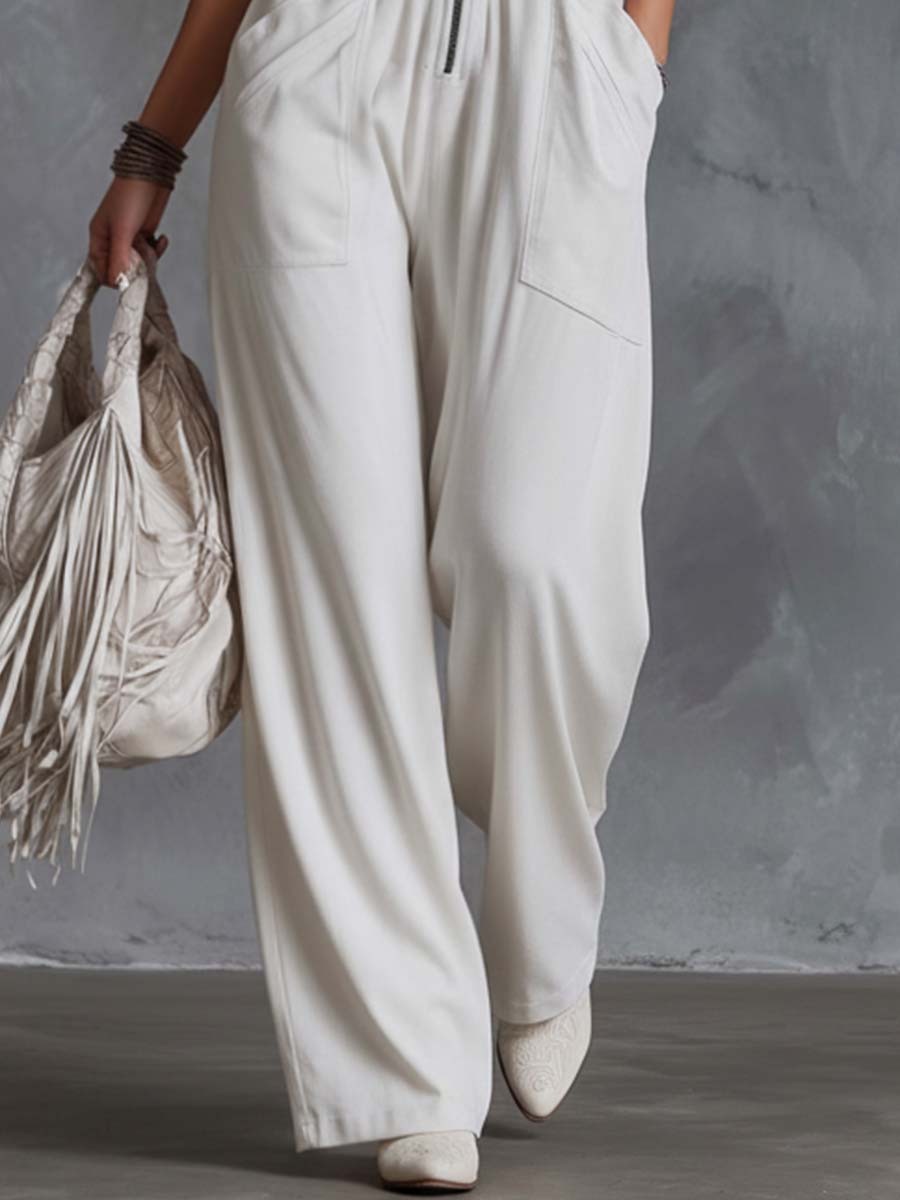 Casual Retro Western V-Neck And Fringe White Faux Suede Jumpsuit