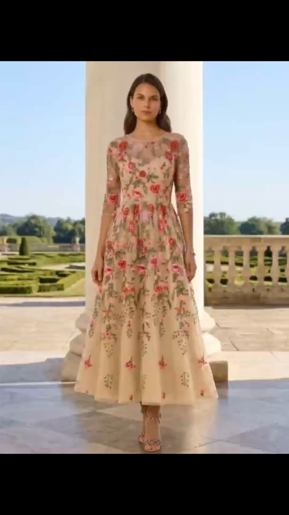 A-Line/Princess Scoop Lace Embroidery Dresses 3/4 Sleeves Floral Tea-Length