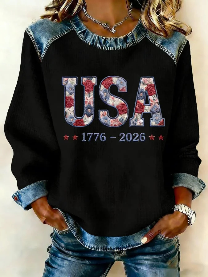 Women's US 250th Anniversary 1776-2026 Patchwork Sweatshirt – Floral USA Print Denim-Accent Pullover-pufftee