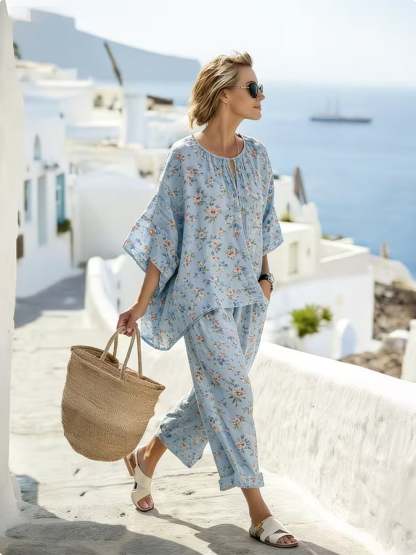 Women's Casual Round Neck Printed Vacation Two-Piece Set