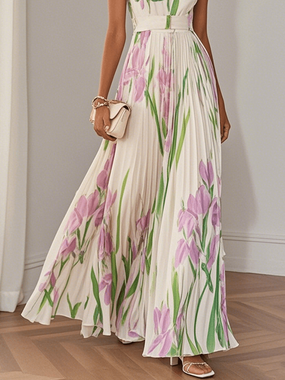 White Pleated Floral Chiffon Square Neck Sleeveless A-Line Maxi Dress