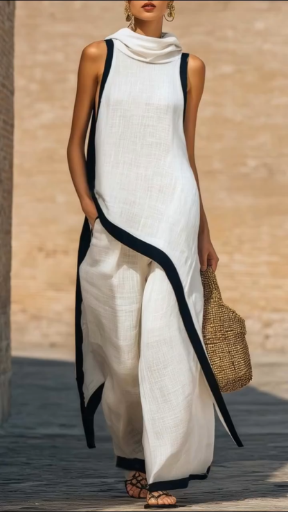 Artistic Cut Trim Elegant Linen Cotton Two-piece Set