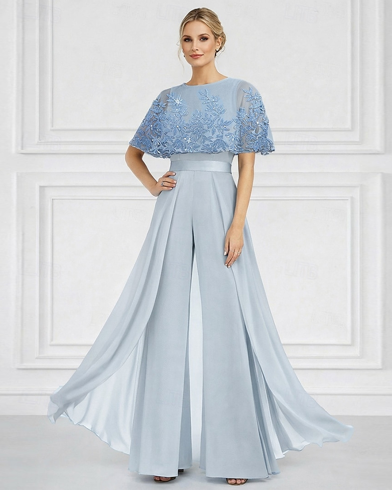 Gorgeous Dusty Blue Lace Cape Jumpsuit - Elegant Formal Wear for Women