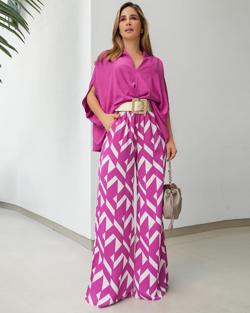 Magenta Geometric Print 2 Piece Wide Leg Pant Set
