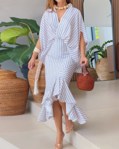 V-neck printed striped two-piece set