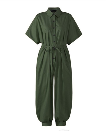 Lapel solid color button jumpsuit