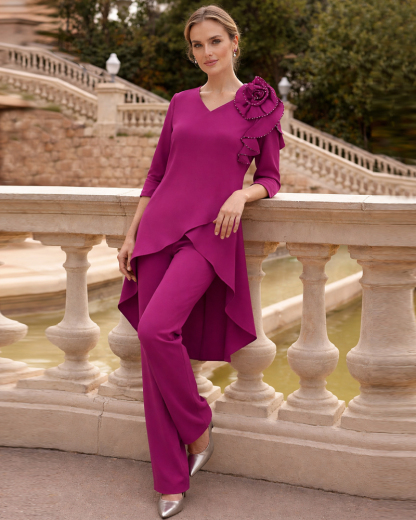 Fuchsia Asymmetric Ruffle Detail Two Piece Set