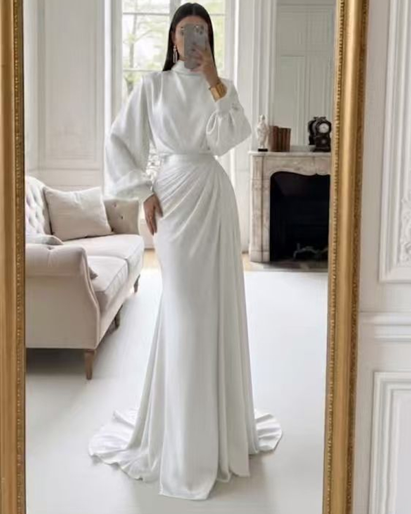 Elegant White Satin High-Neck Lantern Sleeve Ruched Maxi Dress
