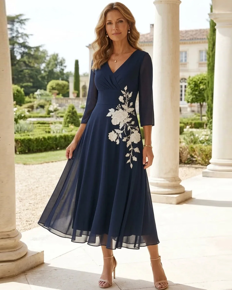 A-Line/Princess V-Neck Chiffon Dresses Tea-Length 3/4 Sleeves Lace Floral