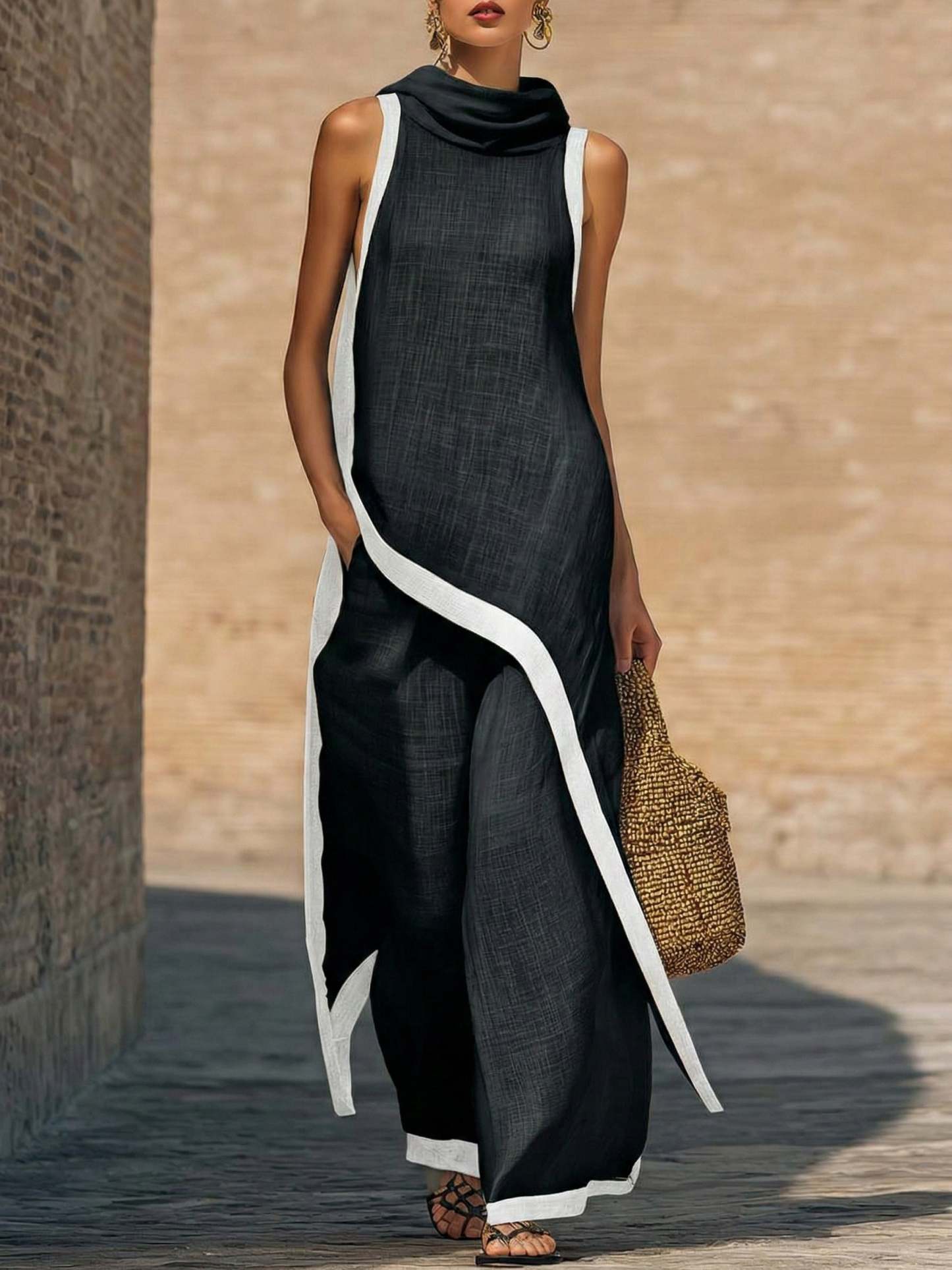 Artistic Cut Trim Elegant Linen Cotton Two-piece Set