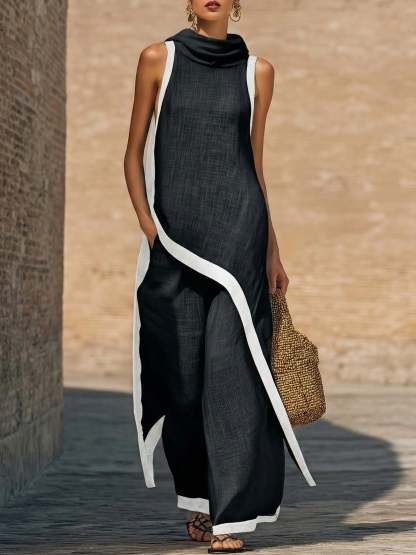 Artistic Cut Trim Elegant Linen Cotton Two-piece Set