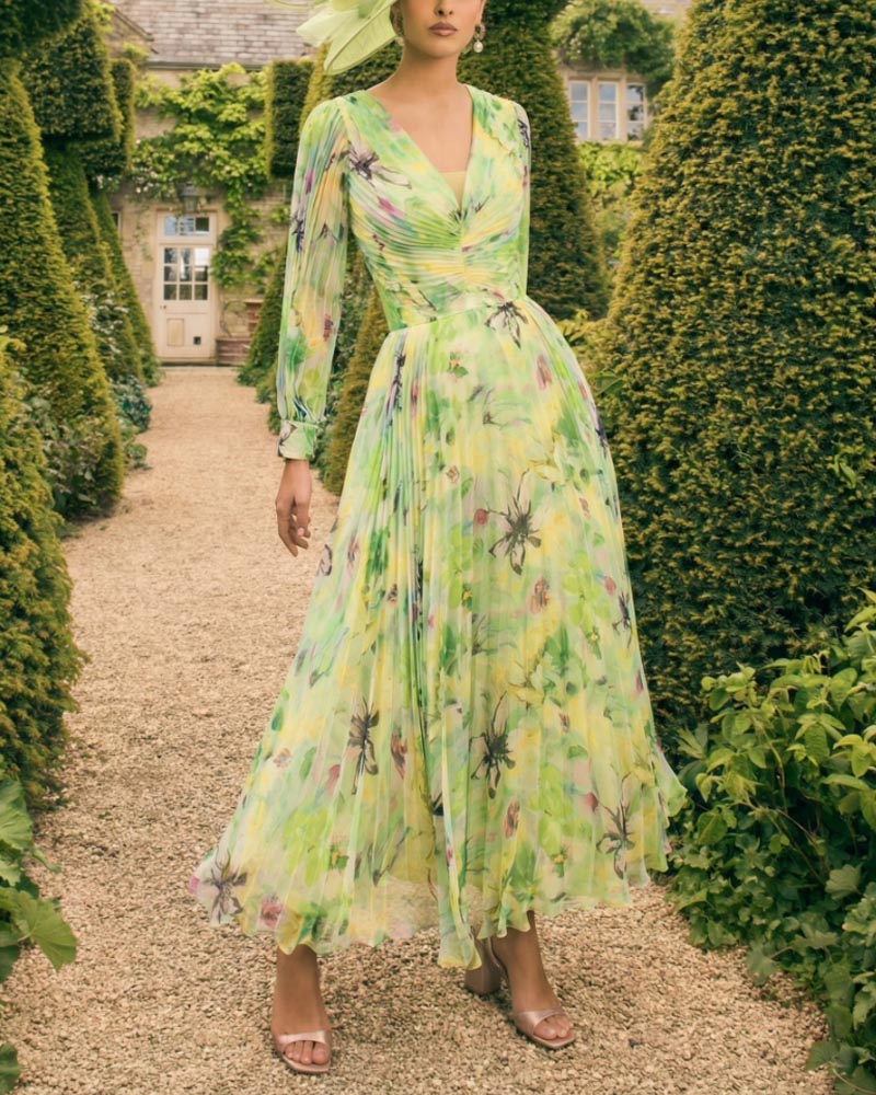 Fresh green floral pleated long skirt