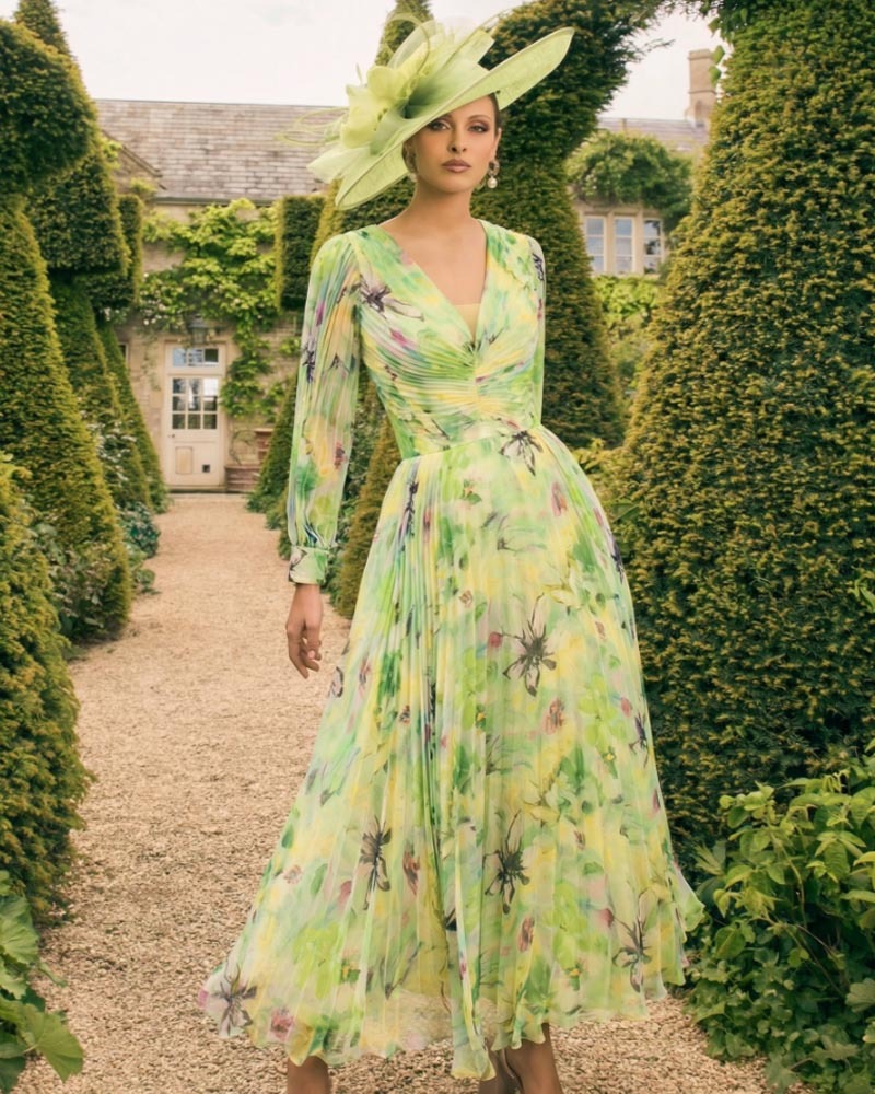 Fresh green floral pleated long skirt