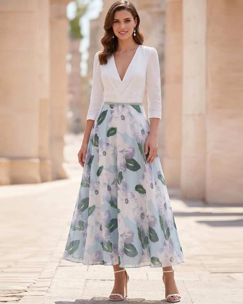 A-Line/Princess V-Neck Satin Dresses 3/4 Sleeves Chiffon Floral Tea-Length Sash