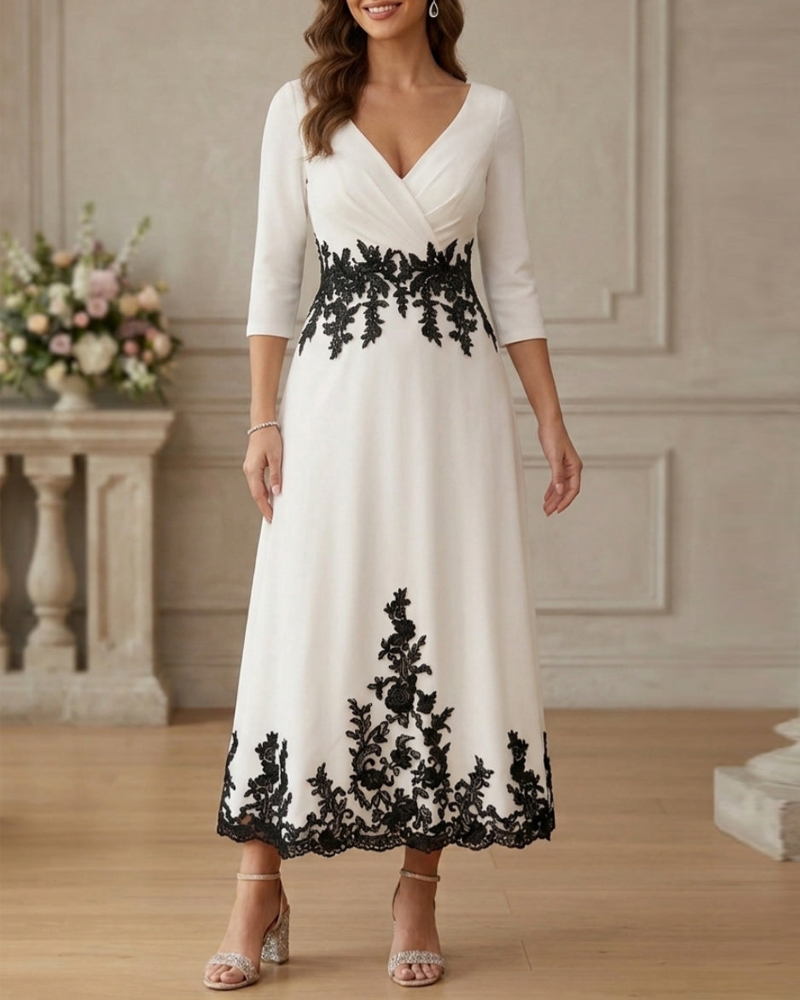A-Line/Princess V-Neck Stretch Satin Dresses Lace Floral 3/4 Sleeves Tea-Length