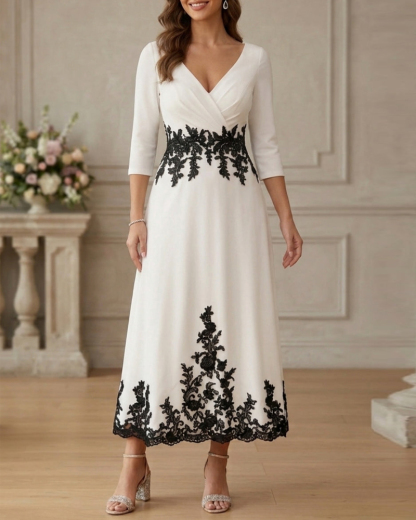 A-Line/Princess V-Neck Stretch Satin Dresses Lace Floral 3/4 Sleeves Tea-Length