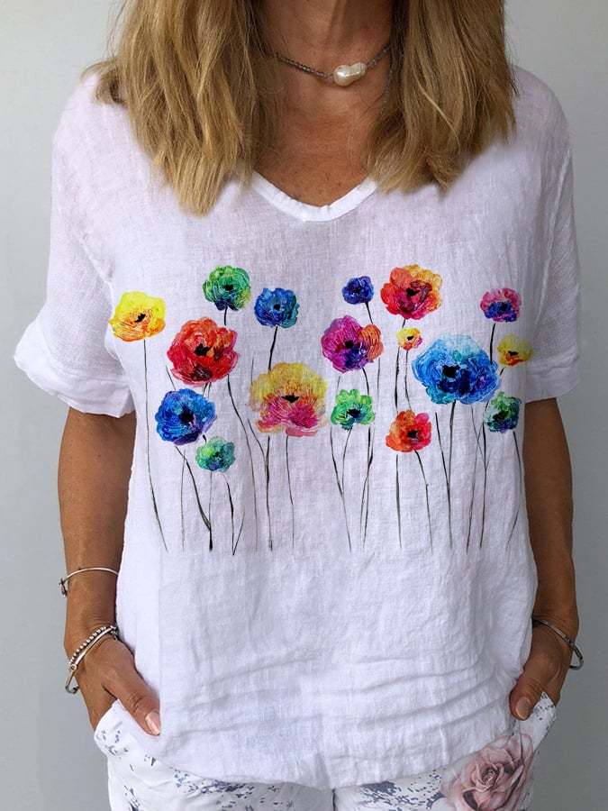 Women's Oil Painting Floral Print Casual Cotton Shirt- Fast Shipping