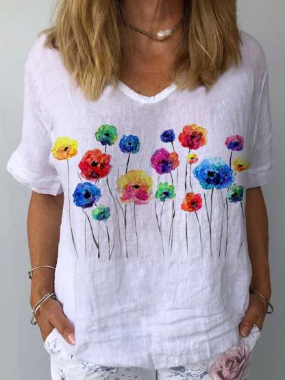 Women's Oil Painting Floral Print Casual Cotton Shirt- Fast Shipping