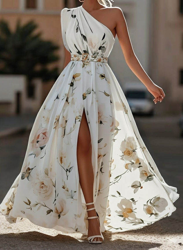 Light Green Floral Ruched One Shoulder A-Line Maxi Chiffon Dress