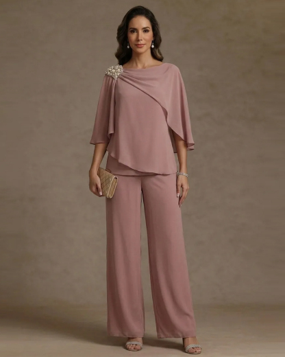 2 Piece Boat Neck Chiffon Pantsuits Cape Sleeves Ankle-Length Rhinestone