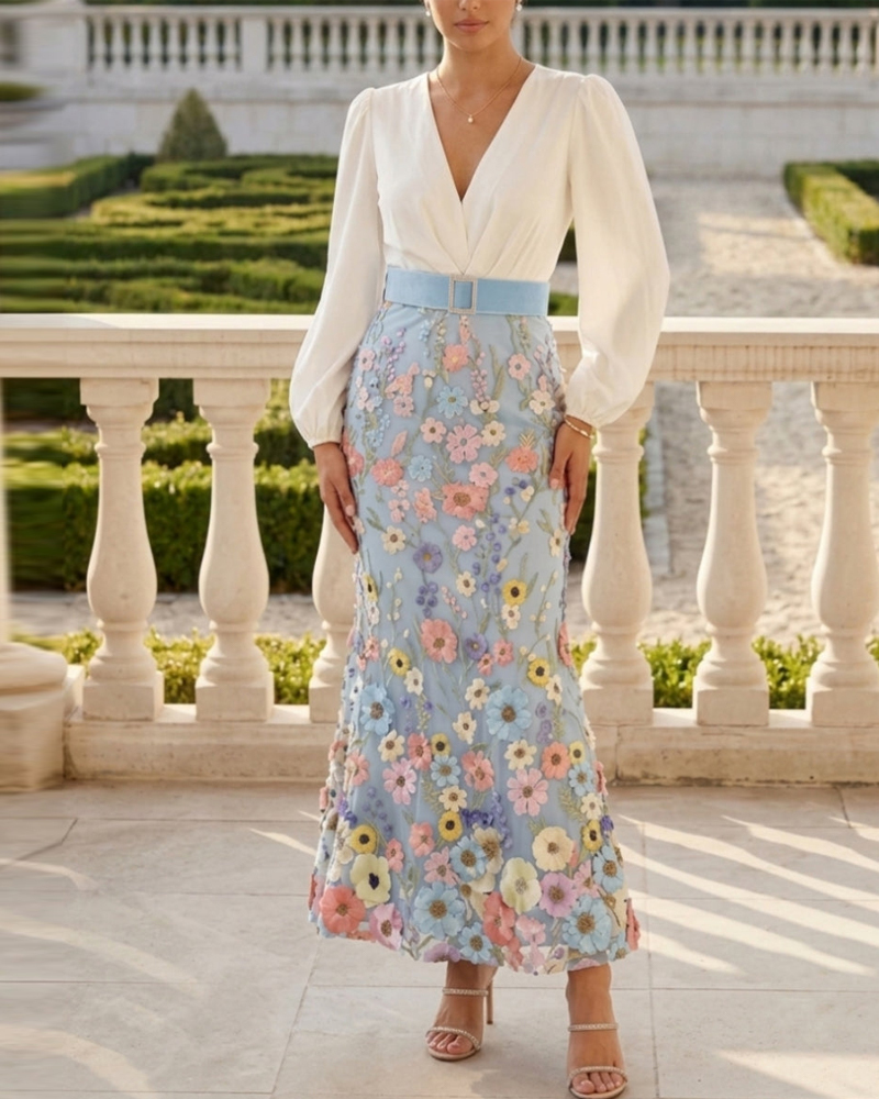 Trumpet/Mermaid V-Neck Taffeta Dresses Long Sleeves Ankle-Length Floral Belt