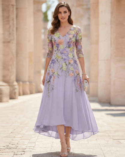 A-Line/Princess V-Neck Chiffon Dresses Half Sleeves Lace Floral Asymmetrical Tea-Length