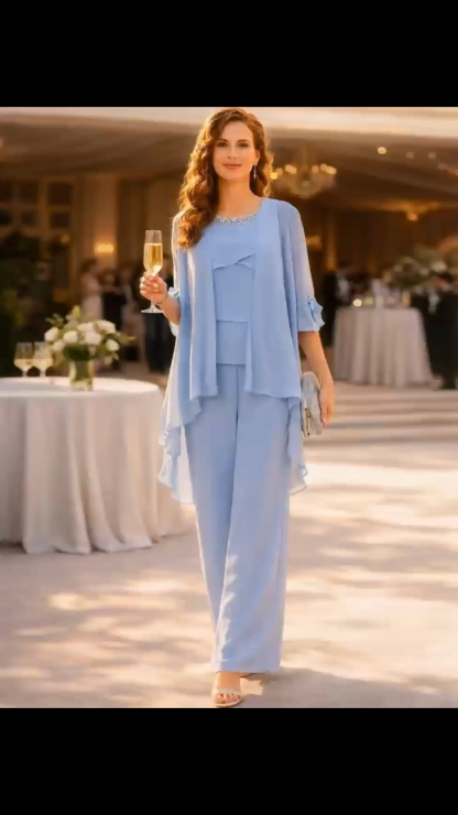 Elegant Lace Chiffon Layered Top And Cardigan Pants Three-Piece Set