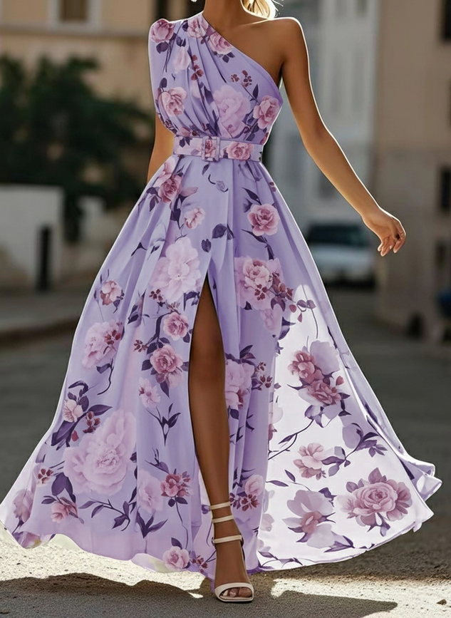 Light Green Floral Ruched One Shoulder A-Line Maxi Chiffon Dress