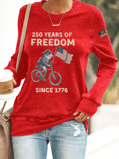 Women's US 250th Anniversary "250 Years of Freedom" Casual Sweatshirt – Patriotic Frog on Bicycle Graphic Pullover-pufftee
