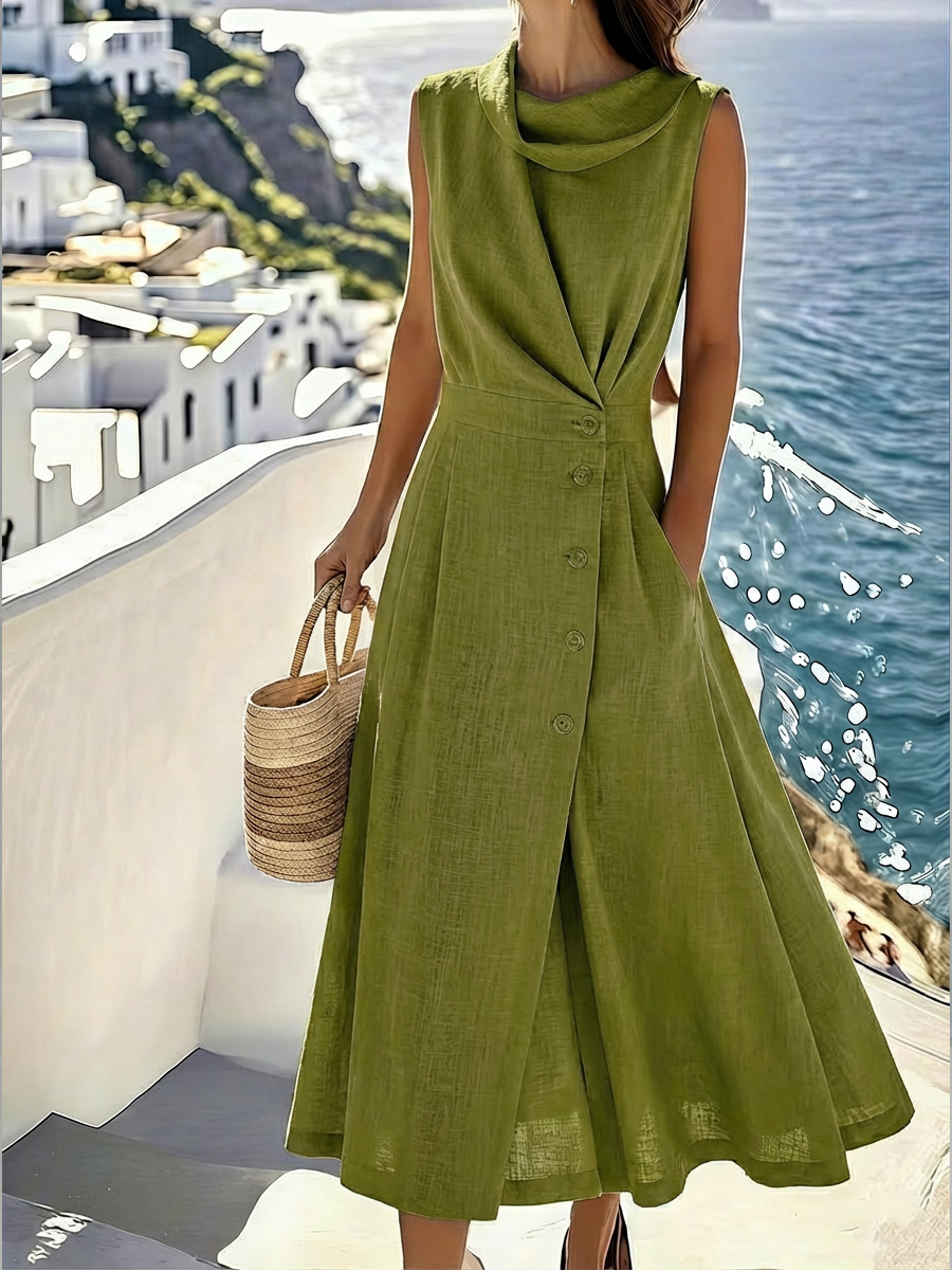 Women's Elegant Linen And Cotton Sleeveless Dress