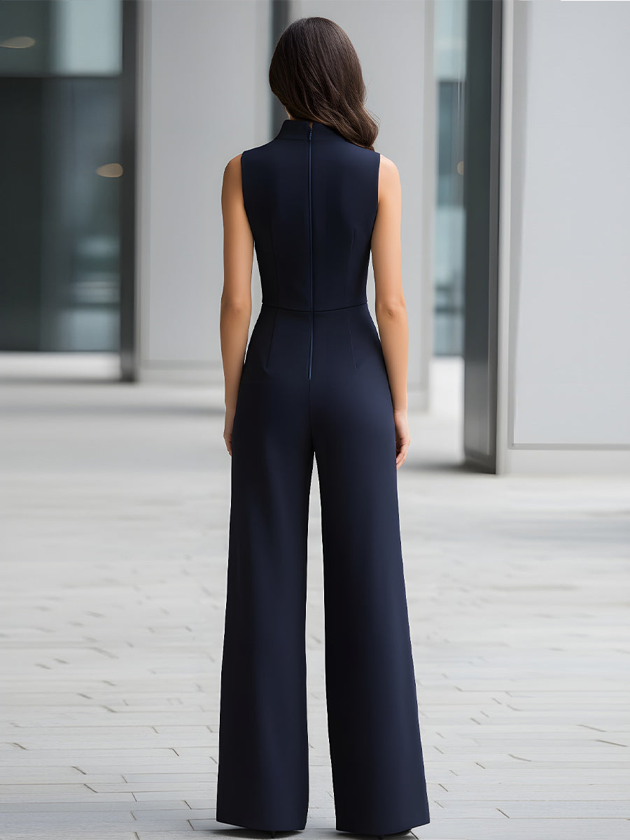 Navy Sleeveless Plunge-Neck Wide-Leg Jumpsuit