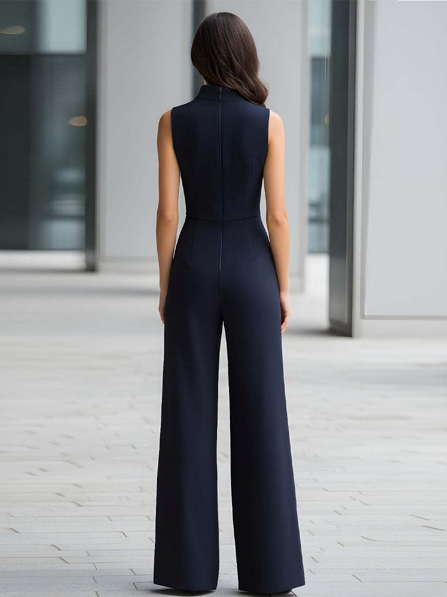 Navy Sleeveless Plunge-Neck Wide-Leg Jumpsuit