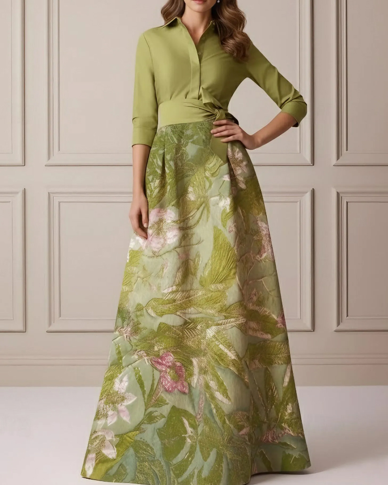 A-Line/Princess Shirt Collar Satin   Dresses 3/4 Sleeves Floor-Length Floral Bowknot